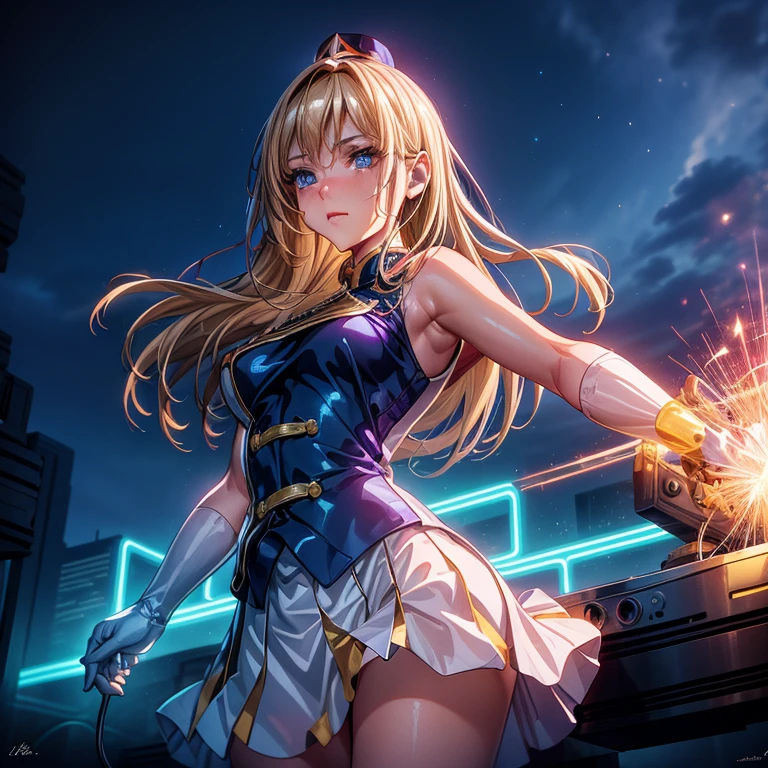 A masterpiece of the highest quality and highest resolution (1.2),With a neon-lit cityscape in the background, Fireworks explode overhead, (Long blonde hair, Summon the Force), A bright light shines from behind, Illuminating the white punk rock outfit, (Glittering costumes decorated with vinyl records), Music-themed power is scattered throughout, (The dynamic pose gives off an electric aura.), Instill fear in the hearts of bystanders, (Her unique soundwaves are emitting.), Reach out your neon blue shining hand, (Jim Lee-inspired rendering style, Super detailed),