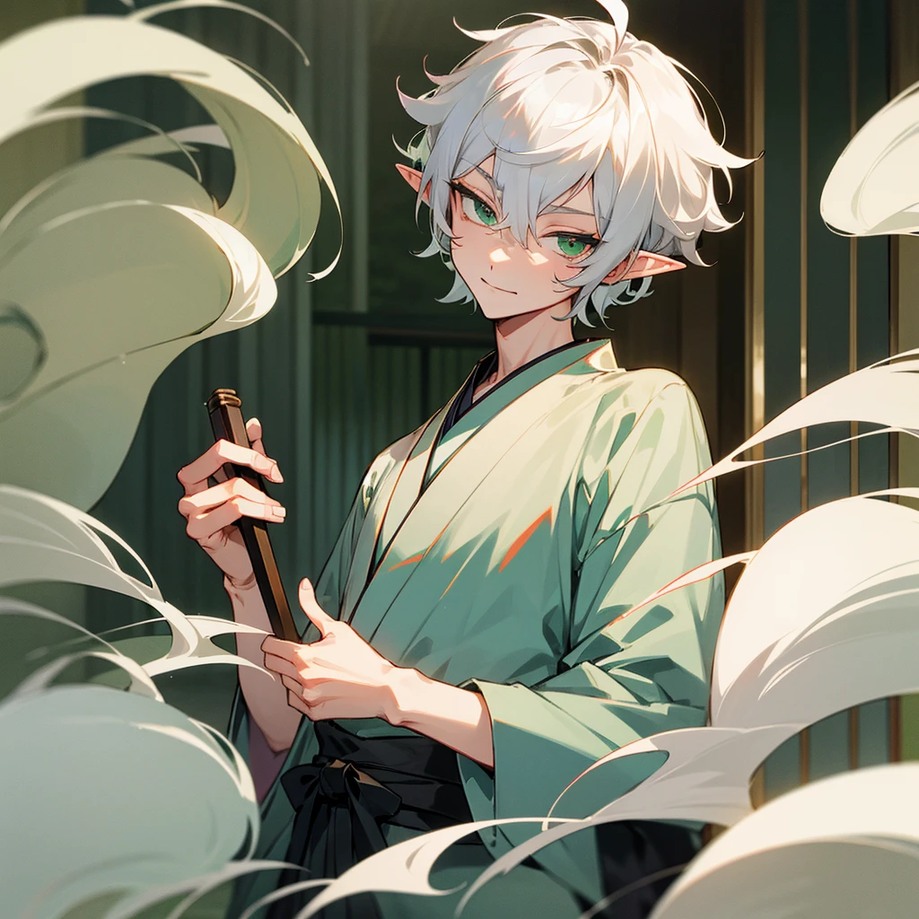 elf, male, silver hair,short hair, medium cut, ahoge, curly hair, green eyes,slender, fair skin, japanese male kimono, cool mild Smile, japanese Hotel, japanese doorman, annoyance