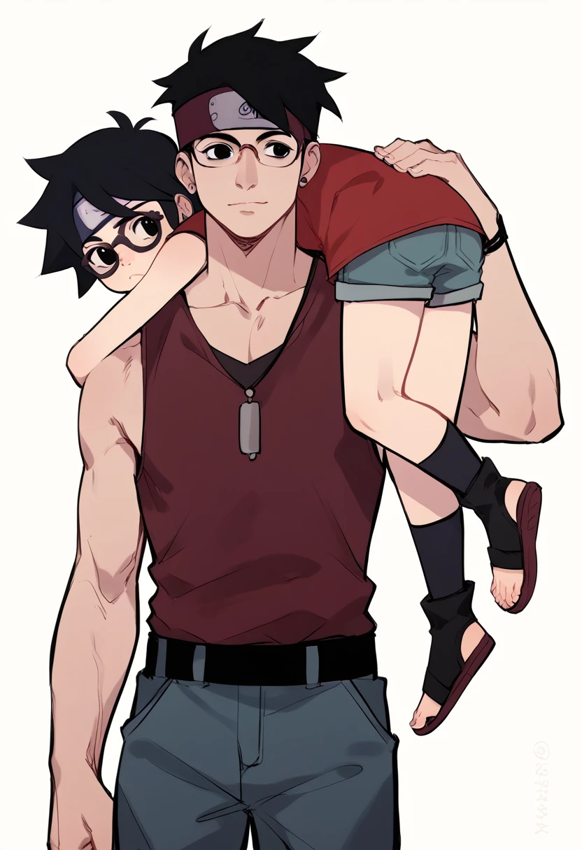 1girl, sarada, black eyes, black hair, short hair, glasses, headband, white tiny shorts, small stature,  body, toeless shoes, red sleeveless dress, (lora:SaradaXL:1) Being carried on the shoulder, back view. 

1boy, upper body, bald_boy, bald male, bigger male, taller male, carrying on shoulder, carrying_over_shoulder, naked, size difference, 