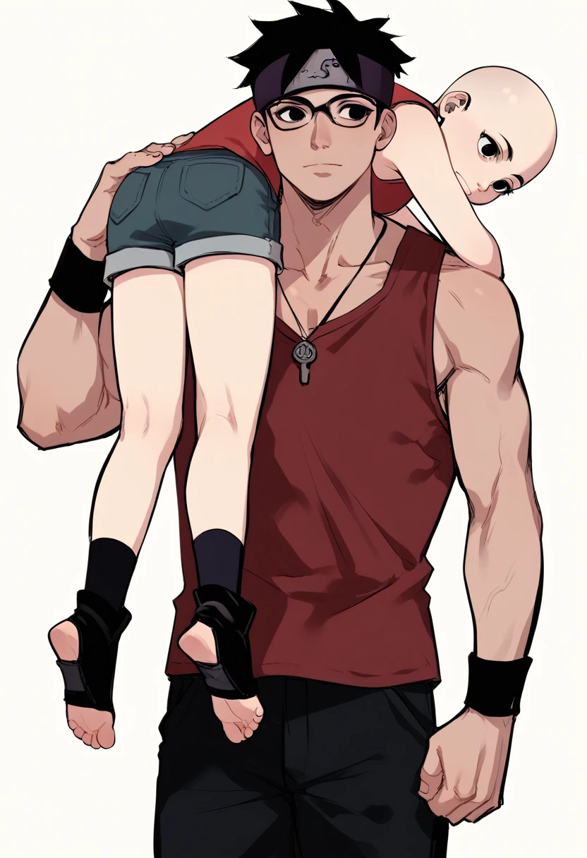 1girl, sarada, black eyes, black hair, short hair, glasses, headband, white tiny shorts, small stature,  body, toeless shoes, red sleeveless dress, (lora:SaradaXL:1) Being carried on the shoulder, back view. 

1boy, upper body, bald_boy, bald male, bigger male, taller male, carrying on shoulder, carrying_over_shoulder, naked, size difference, 