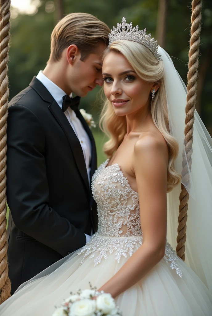 A blonde prince and a blonde princess are married,Wearing a white suit and a white wedding dress,White carriage,dream magical,facing the camera