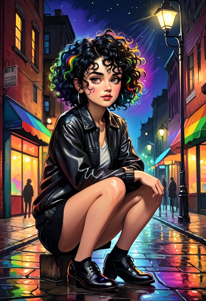 Perfect Face, My hair is messy，（（whole body，Leather shoes））, Black curly hair，Short Hair, Oil pastel style, tired, Sophisticated atmosphere, Dim street lights in the background, --Rainbow 5, 4K