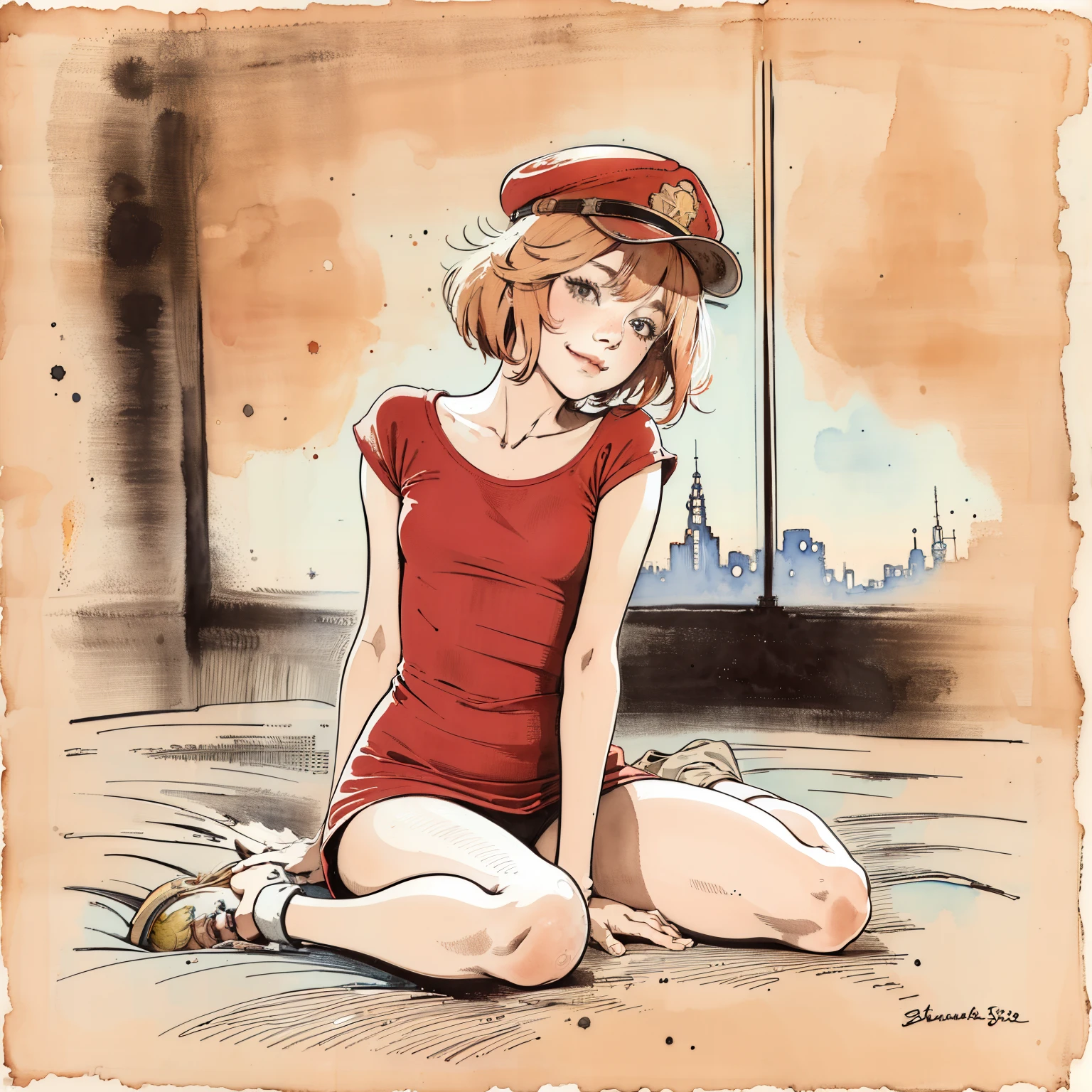 Teenage girl, short bob, reddish blonde, slim, scanty, captain hat, shy smile, blushing, sitting on bed with one knee up, living space of space city, futuristic, lo-fi, watercolor,