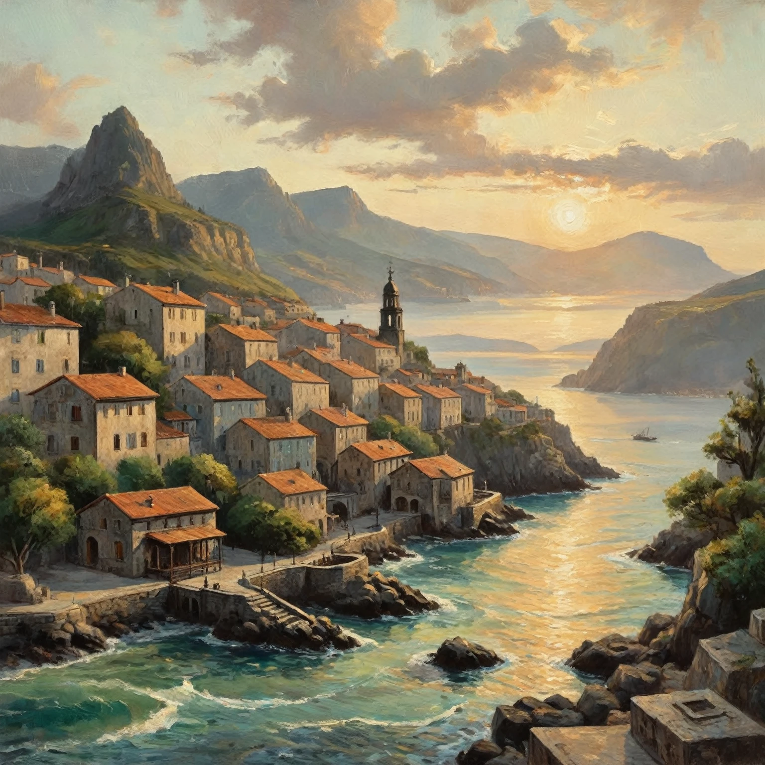  The sun rose, illuminating the clouds with a golden outline. A swirl of mist flowed like a waterfall over the basalt peaks, descending toward the horizon. In the foreground, sunlight touched the wooden roofs of the old coastal town, creating a contrast with the shadows on the cobblestone streets. A sandy road winding between green plants leads to the pier where the caravel is moored and goes into the mountains. Magic realism, layering, brush strokes, warm, muted colors are used: sepia, delicate blues and pale green hues that create a vintage aesthetic. Golden accents for sunbursts to make them stand out in the background. 8к, Стиль Пьера Боннара - Пьер Боннар, живопись сцены, Картина маслом в стиле Пьера Боннара.