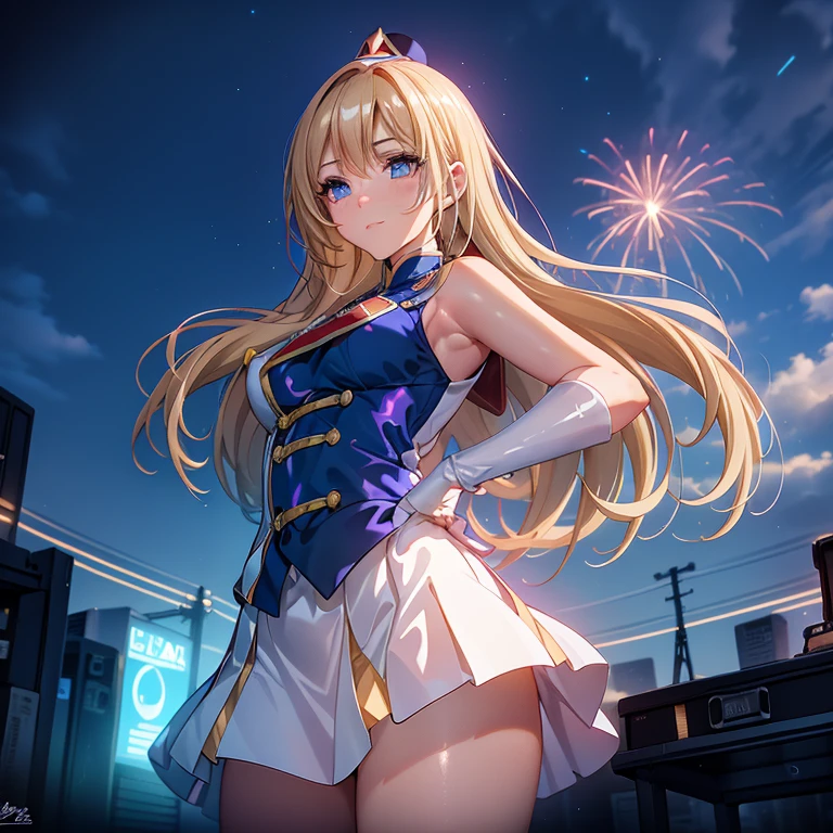 A masterpiece of the highest quality and highest resolution (1.2),With a neon-lit cityscape in the background, Fireworks explode overhead, (Long blonde hair, Summon the Force), A bright light shines from behind, Illuminating the white punk rock outfit, (Glittering costumes decorated with vinyl records), Music-themed power is scattered throughout, (The dynamic pose gives off an electric aura.), Instill fear in the hearts of bystanders, (Her unique soundwaves are emitting.), Reach out your neon blue shining hand, (Jim Lee-inspired rendering style, Super detailed),