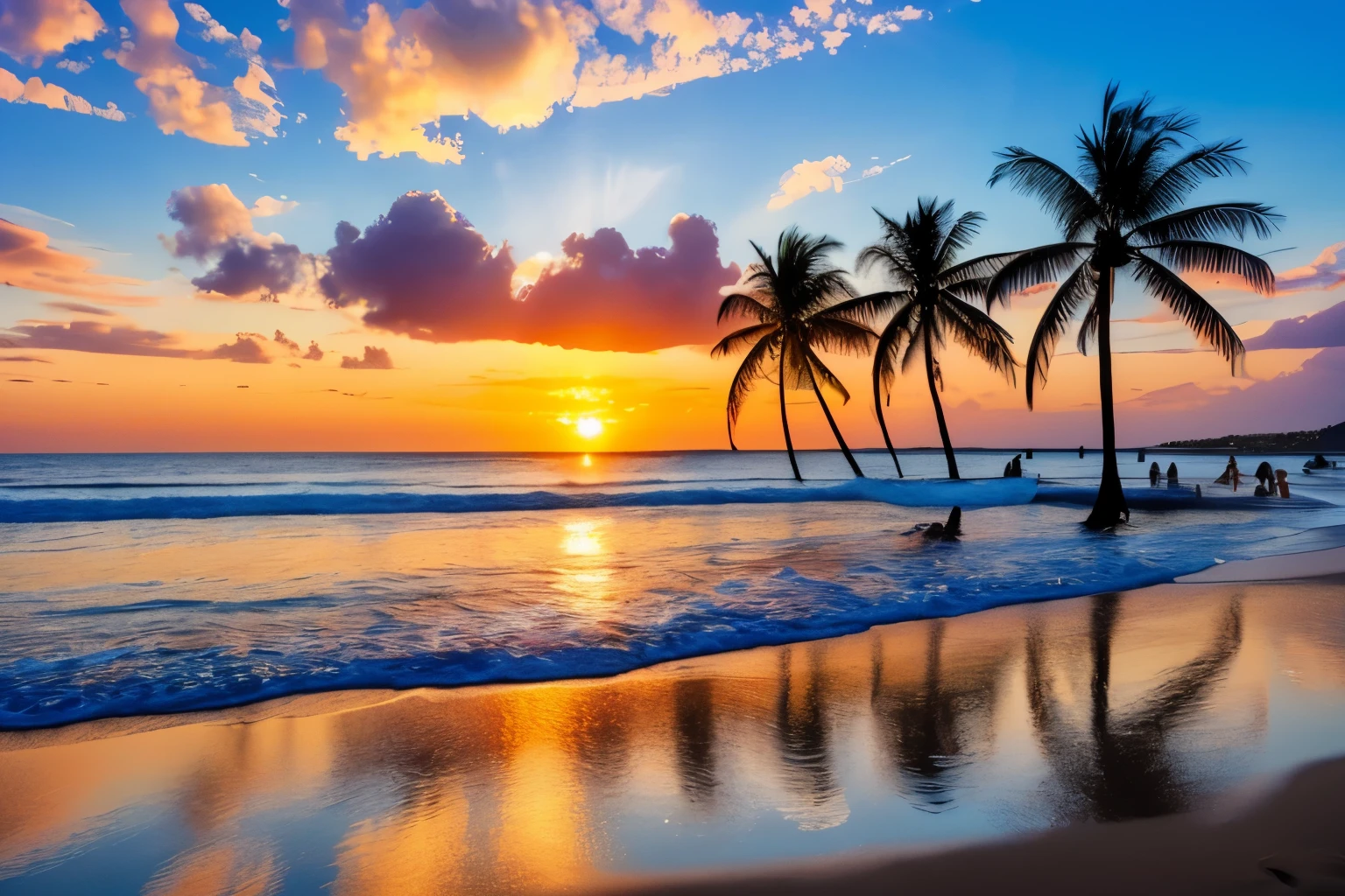 Best Quality, masuter piece, 超A high resolution, (Photorealistic:1.4), Raw photo, Professional Lighting, high-level image quality, high-detail, ​masterpiece、4K 9 depicting stunning sunrise on tropical beach with gentle waves and palm trees along the coast:Create 16 images。The color palette is vivid、It is necessary to convey a sense of renewal and positive energy。