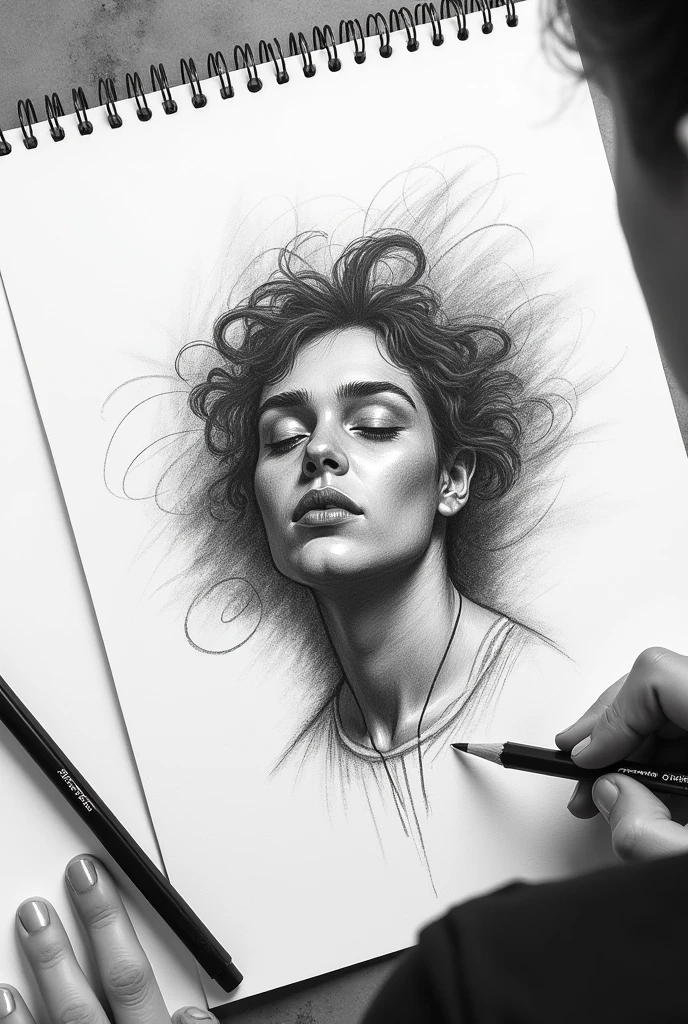 A stunning freehand sketch of a woman&#39;s portrait, masterfully rendered in conté crayon and charcoal. The subject has a thoughtful expression, the head tilted slightly, and his gaze lost in contemplation. The low contrast, faded appearance gives the portrait a nostalgic feel, with clear, blurred lines that look like they&#39;ve been smudged with a finger. The subtle play of shadows and light adds depth to the sketch., showing the artist&#39;s exceptional mastery of the technique., painting-like, illustration, hand with pencil sketching ,