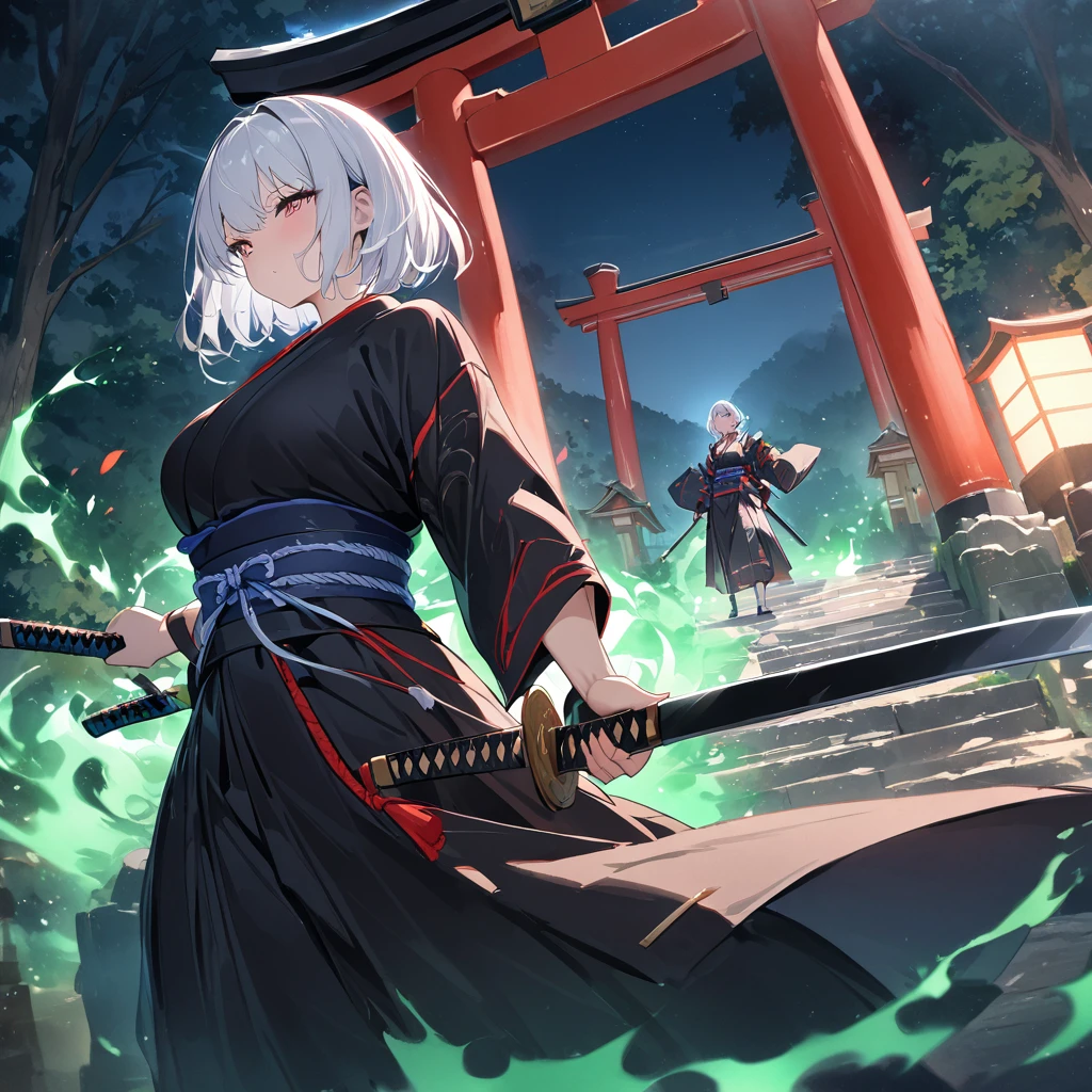 Watercolor style,((Amazingly absurd)),(masterpiece:1.2),超High resolution, Attention to detail, high quality, High resolution, 最high quality, 4K, 8k,Samurai Woman,White Hair(Red Mesh),Short Bob,Holding a sword,1 Japanese sword,Black Blade,Black sword Black kimono,Blue Belt,Body glows,Green aura,Shining Aura,,Very heavy pressure on a full moon night,In front of the torii gate,shrine