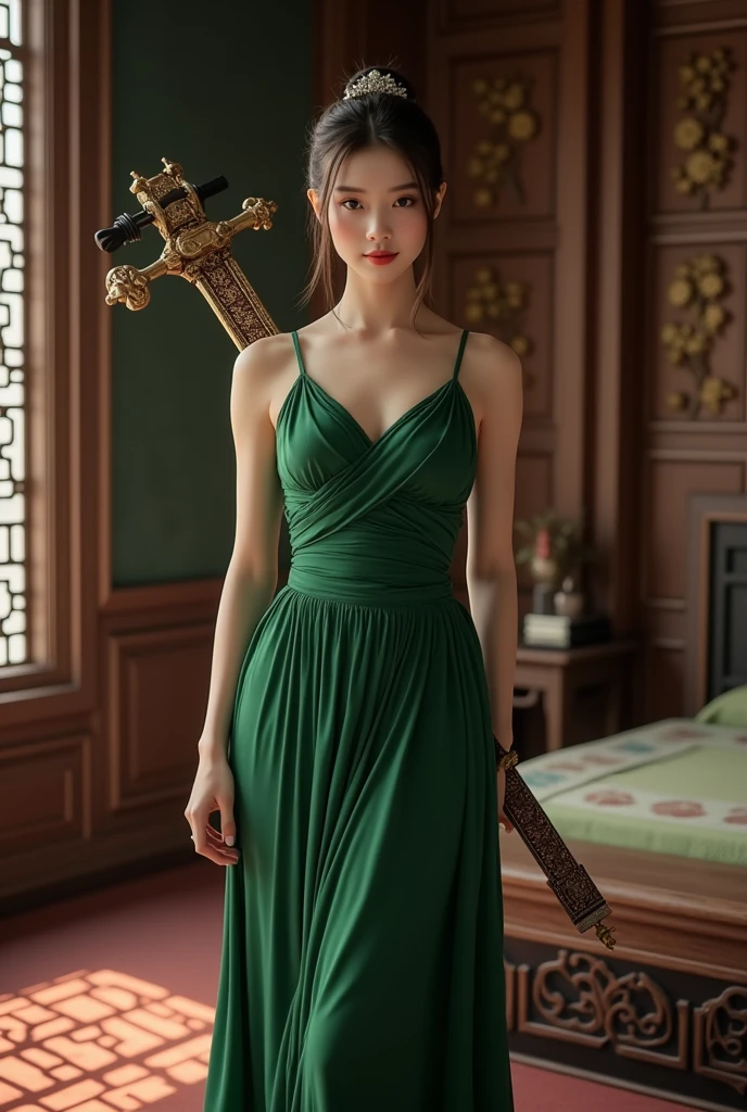 Asian cute girl, in a emerald green princess dress, inside a castle, kim jennie,