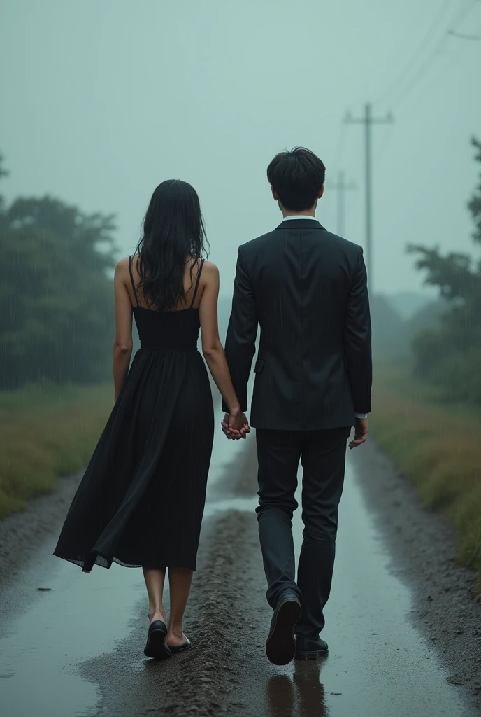 A boy and girl walking hand in hand on road in rainy season. Both of them are Adult. Girl wearing full covered dress. They are far from the camera