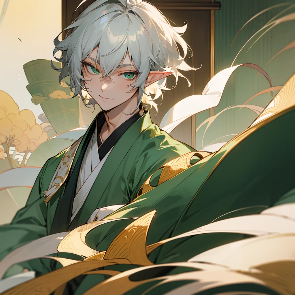 elf, male, silver hair,short hair, medium cut, ahoge, curly hair, green eyes,slender, fair skin, japanese male kimono, cool mild Smile, japanese Hotel, japanese doorman, annoyance