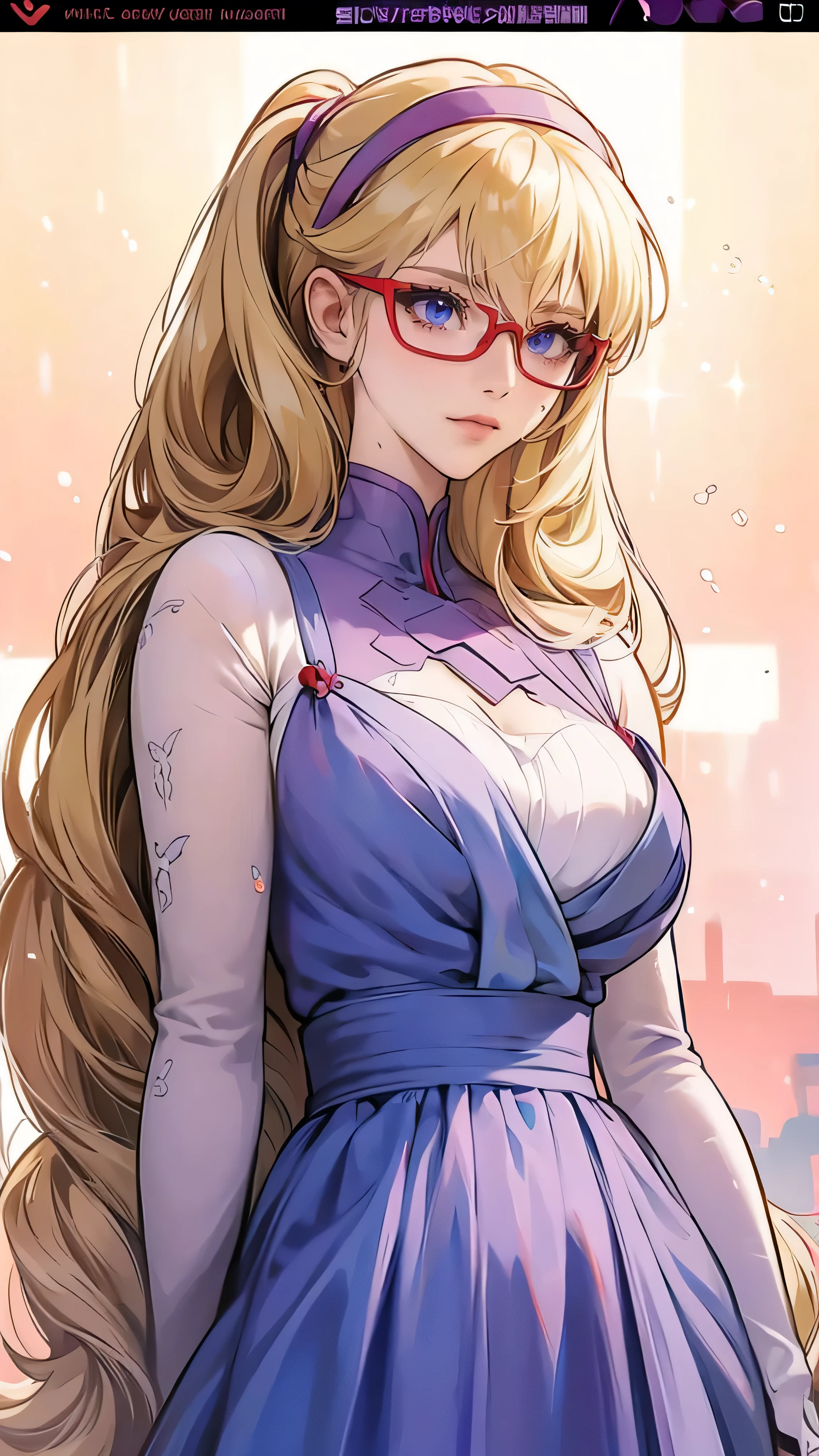 anime,Illustration,Purple Robot,Mobile Suit,Dom,Light blue check dress,Red glasses,Blonde,Light blue mesh,beautiful girl,Sakurano Sora,One person