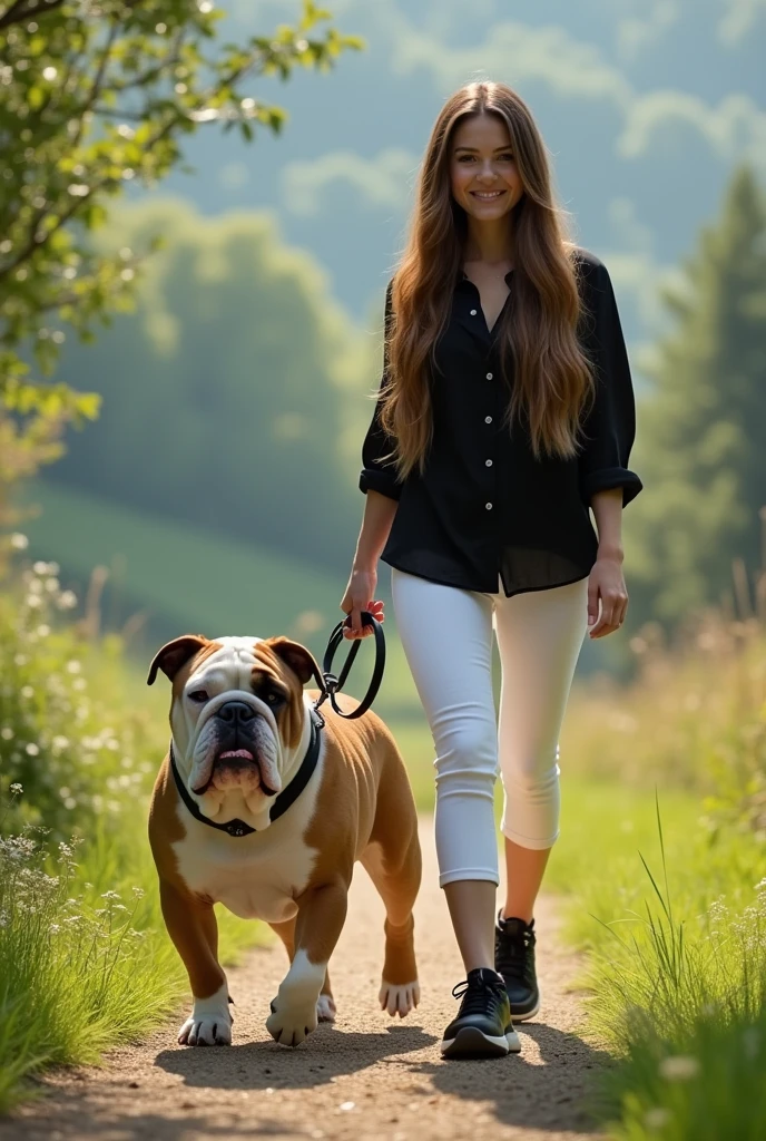 Have very cute and girl with a big bulldog.
She have toe length longest hair.
Long hair is ultra thick , very straight and shine.
She wear black colour blouse , white kneelength trouser and black sportshoe.
She tie the dog with dog leash( at dog neck) and she hold and pull the other end of dog leash.
Girl and dog are walking together near the valley.
Photo is realistic,high quality and high resolution.
Generate: (a real girl&dog full photo )