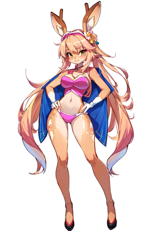 Background: Plain Grey Background Body: Full body toe to head revealing abdominal muscles Attire: Golden bikini, Golden handcuffs on wrists, Black leather choker with a golden heart pendant Accessories: Golden large earrings, golden chain necklace