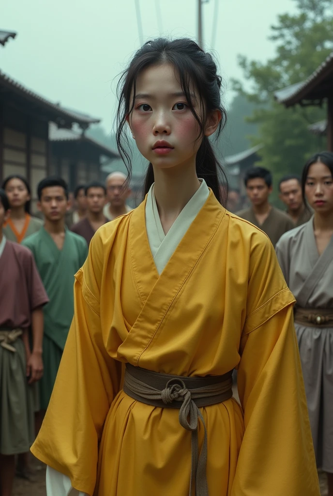 A young female Taoist priest stands in the middle of the crime scene, wearing a yellow Taoist robe, hair messy,The expression is serious. The area around the crime scene was cordoned off by a police cordon,Surrounded by onlookers.