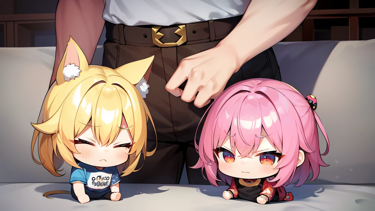 White Wolf, furry, golden eyes, black and gold headphones, White T-shirt, black shorts, leaning against a black car, There is a yellow stripe around the ears.,penis(Overflow of the genitals..),One shota press the other one.，Orgasm,Sex life