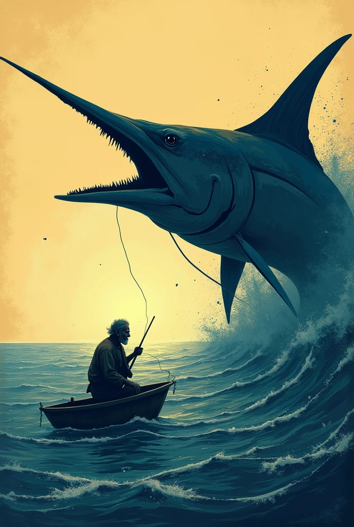 a fisherman with his boat on the water and underwater fish and sea monsters in sight, arte abstrata