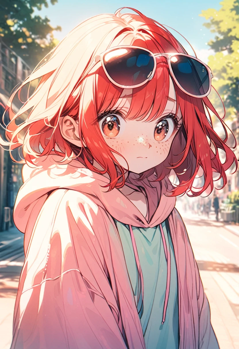 young girl, (red hair, shy, freckles, big eyes), oversize hoodie, sunglasses, outdoors, sunny, pastel color