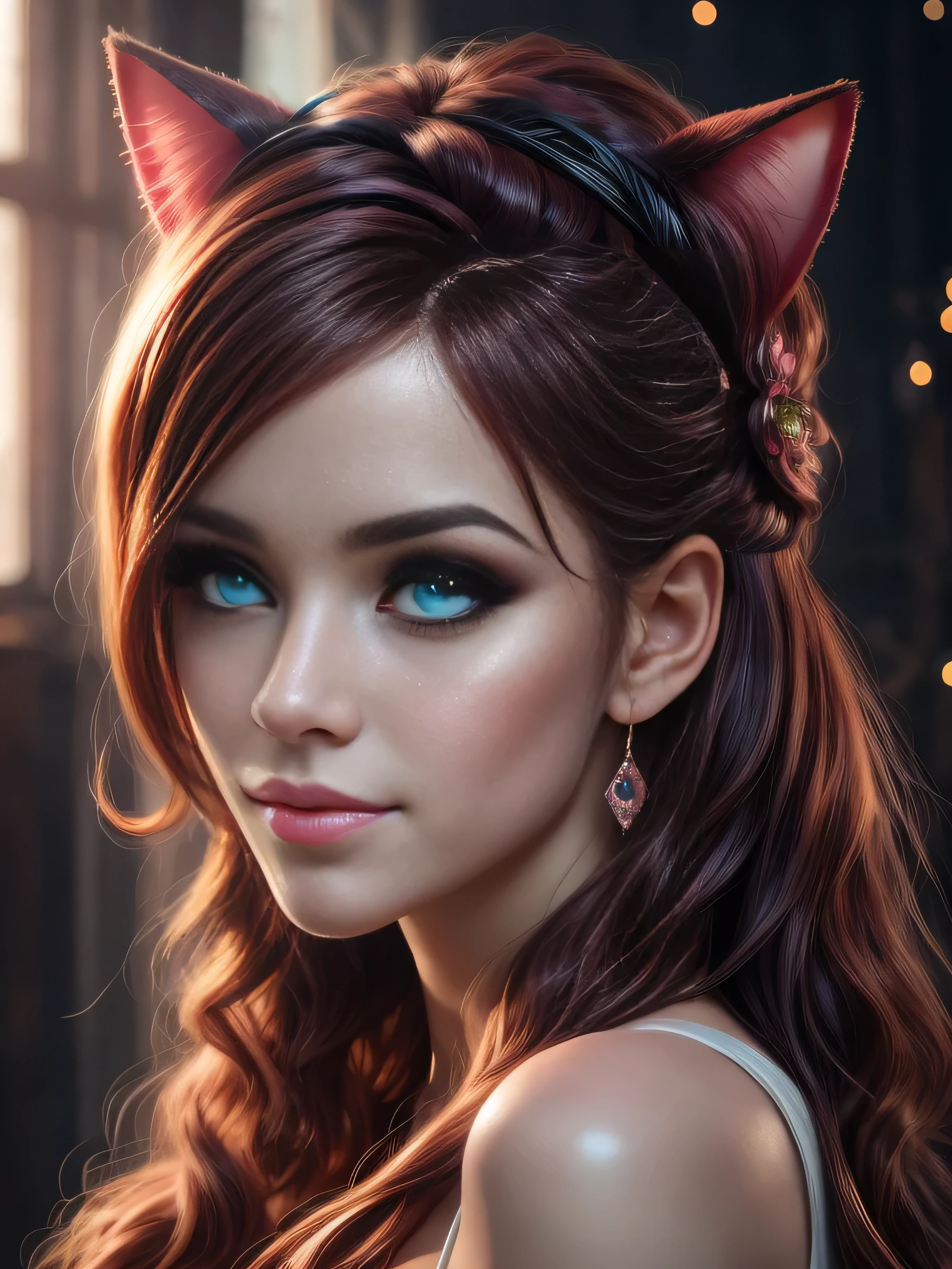 (Best Quality, Super Detailed, masterpiece, representative work, official art, professional, super high detail, 8k:1.3, Realistic:1.37) Cute girl face wearing cat ear hat, Beautiful detailed eyes, Beautiful detailed lips, Demonic smile, Vivid colors, Red hair, Innocent expressions, Playful features, Natural lighting, Soft background, Photorealistic, Shining eyes, Curly eyelashes, Ruddy cheeks, Sparkling teeth, Sharp focus, Glowing skin, Expressive eyebrows, Blush highlights, Luscious lips, Natural beauty, Subtle contouring, Sweet and mischievous look, Hint of mischief, Dreamy atmosphere, Delicate details, soft volumetric light, (backlight:1.3), (cinematic:1.2), intricate details, (ArtStation:1.3), Rutkowski --auto --s2