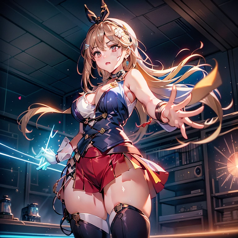 A masterpiece of the highest quality and highest resolution (1.2),With a neon-lit cityscape in the background, Fireworks explode overhead, (Long blonde hair, Summon the Force), A bright light shines from behind, Illuminating the white punk rock outfit, (Glittering costumes decorated with vinyl records), Music-themed power is scattered throughout, (The dynamic pose gives off an electric aura.), Instill fear in the hearts of bystanders, (Her unique soundwaves are emitting.), Reach out your neon blue shining hand, (Jim Lee-inspired rendering style, Super detailed),