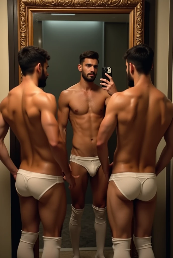 young latino, cinnammon skin, fitness slender toned body, perferct anatony, big erected penis, naked, shirteless, pantless, wavy short hair standing sourended by many naked man touching him in a victorian gay ba