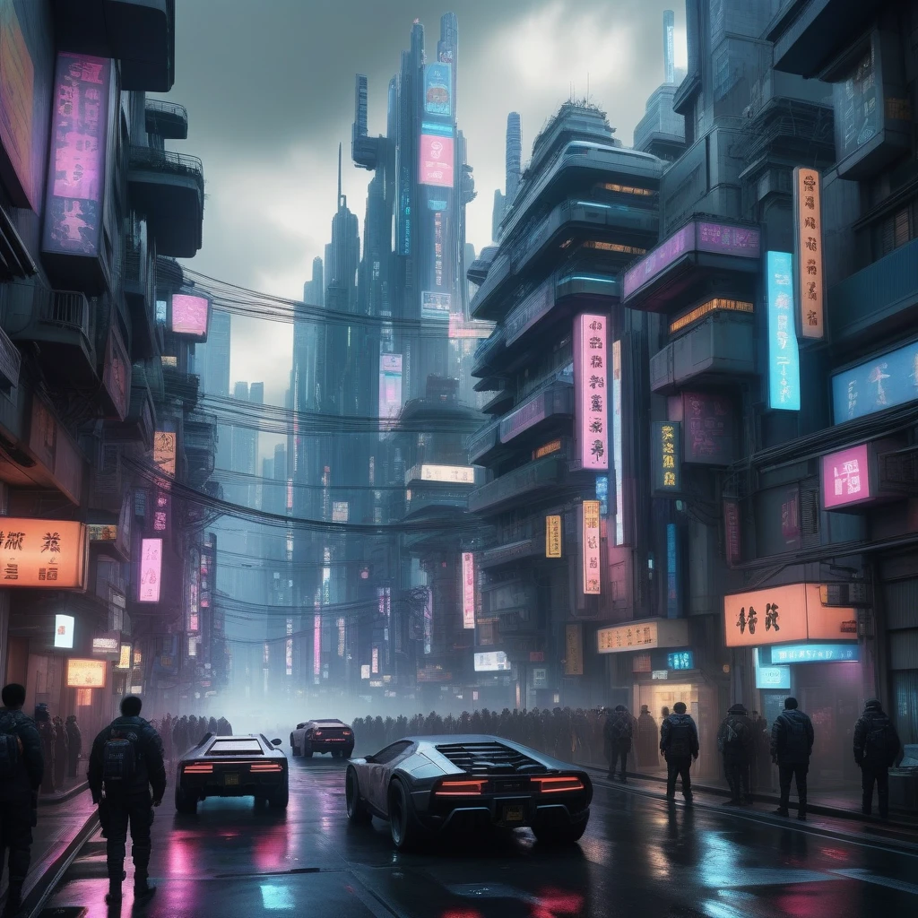 Create photorealistic images of high-tech cityscapes imbued with a cyberpunk aesthetic. The streets are bustling with activity、It&#39;s going to be full of futuristic vehicles., Neon Signs, Holographic Advertising. Architectural elements include、Irregular shaped tall buildings should be included, sky bridge, Multi-level walkway. The first floor is lined with stores with neon storefronts., Street vendor selling futuristic gadgets, Pedestrians dressed in cyberpunk fashion. The air is thick with smog、It will be illuminated by neon lights and the glow of digital billboards.。. The viewpoint should be at pedestrian eye level., Capturing the vibrancy and complexity of the city , Cyber City