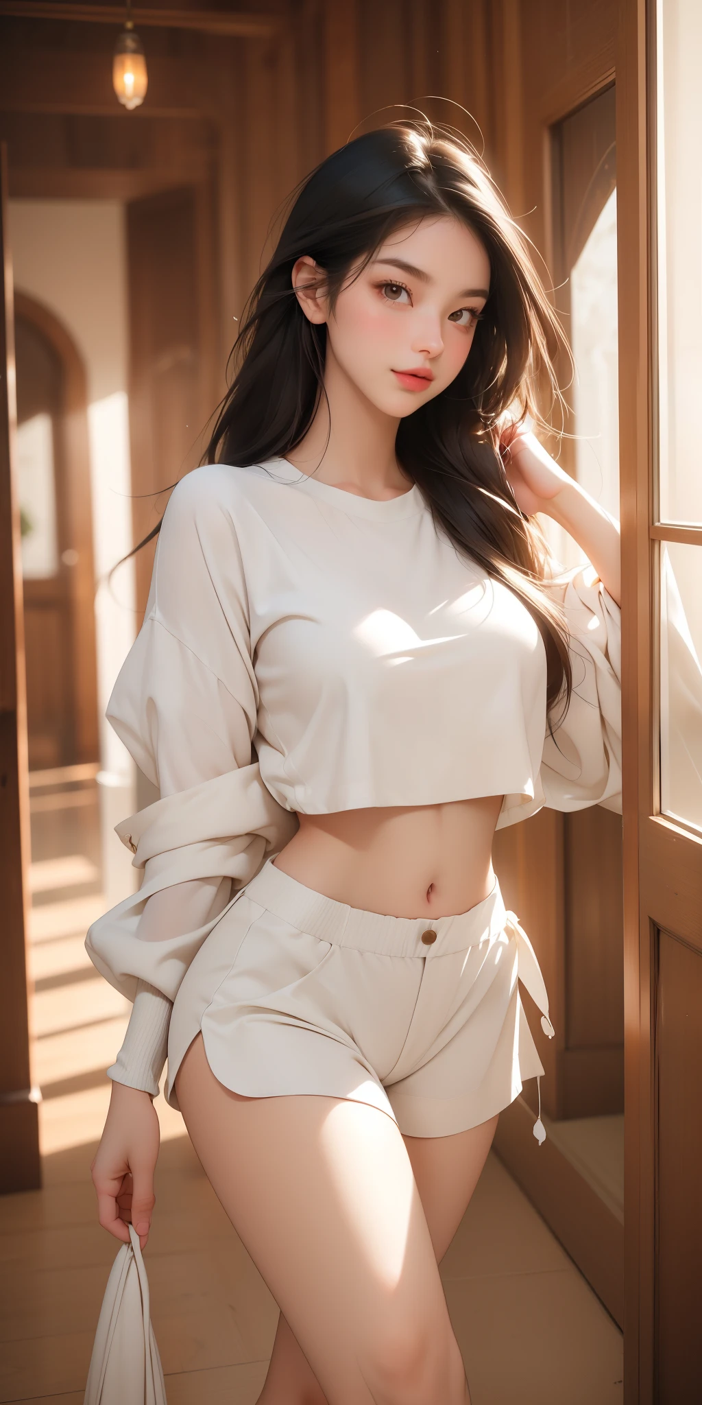 The girl poses for a photo in a white bra and denim skirt with long-sleeved tights on the back with a crop top., Slender underwear, Small breasts, Skinny female mannequin, 20-year-old female model.,korean girl