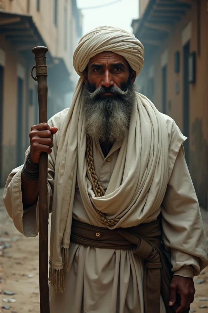 Musculer man,Black beard,wearing wite Kurta pejama,Wite turban hat,Hairy show Chest, Doing muslim greating pose, Attractive Eye Contact, Standing pose,in public indias Road in sunny day