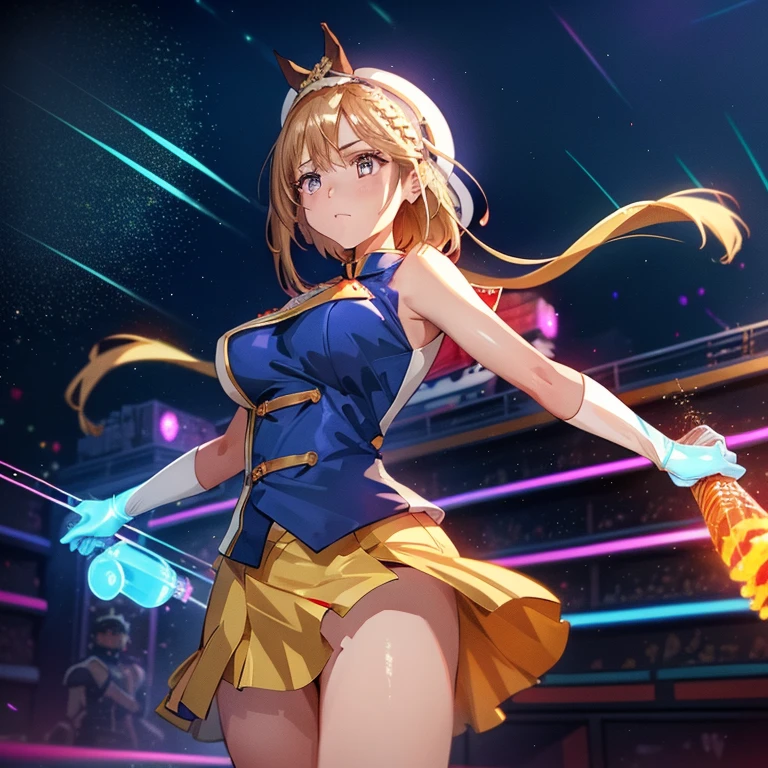 A masterpiece of the highest quality and highest resolution (1.2),With a neon-lit cityscape in the background, Fireworks explode overhead, (Long blonde hair, Summon the Force), A bright light shines from behind, Illuminating the white punk rock outfit, (Glittering costumes decorated with vinyl records), Music-themed power is scattered throughout, (The dynamic pose gives off an electric aura.), Instill fear in the hearts of bystanders, (Her unique soundwaves are emitting.), Reach out your neon blue shining hand, (Jim Lee-inspired rendering style, Super detailed),