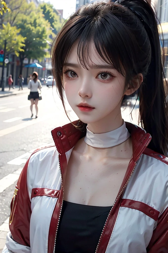 baiyuekui,solo,outdoors,city,street,portrait,
((white choker,white sleeves)),ponytail,fingerless gloves,red jacket,(jeans)