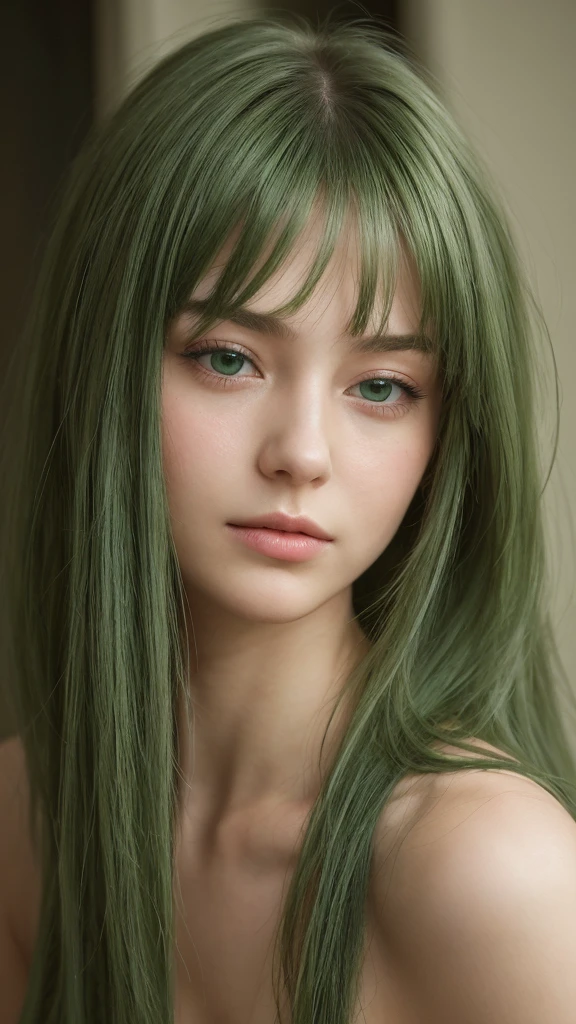 a girl. European. Extremely detailed face. Oval face. Delicate facial features. Half-closed eyes. Long straight hair. Messy hair. Bangs. Green hair. Green eyes. Big breasts. Green silk nightgown. Lustful expression