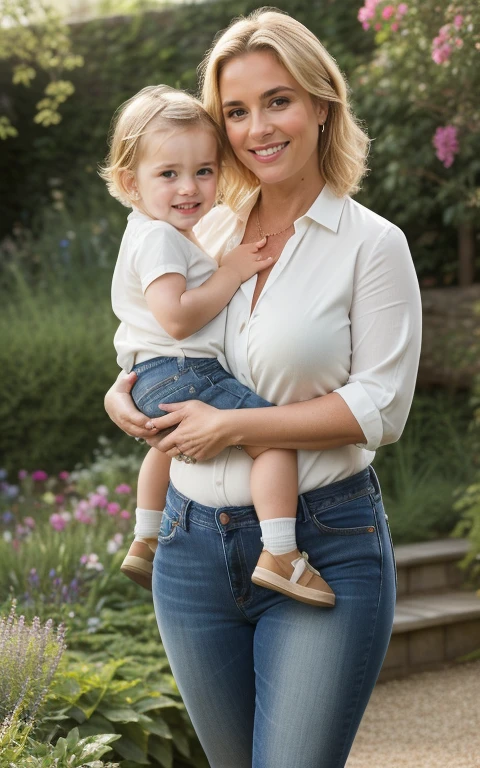 full shot mature,sexy blonde , sexy milfholding her child, hot curves, chubby, cute face,standing in garden, surprised look,smiling, 45yo, wearing jeans and shirt,(cinematic:1.3), intricate details, (ArtStation:1.2),