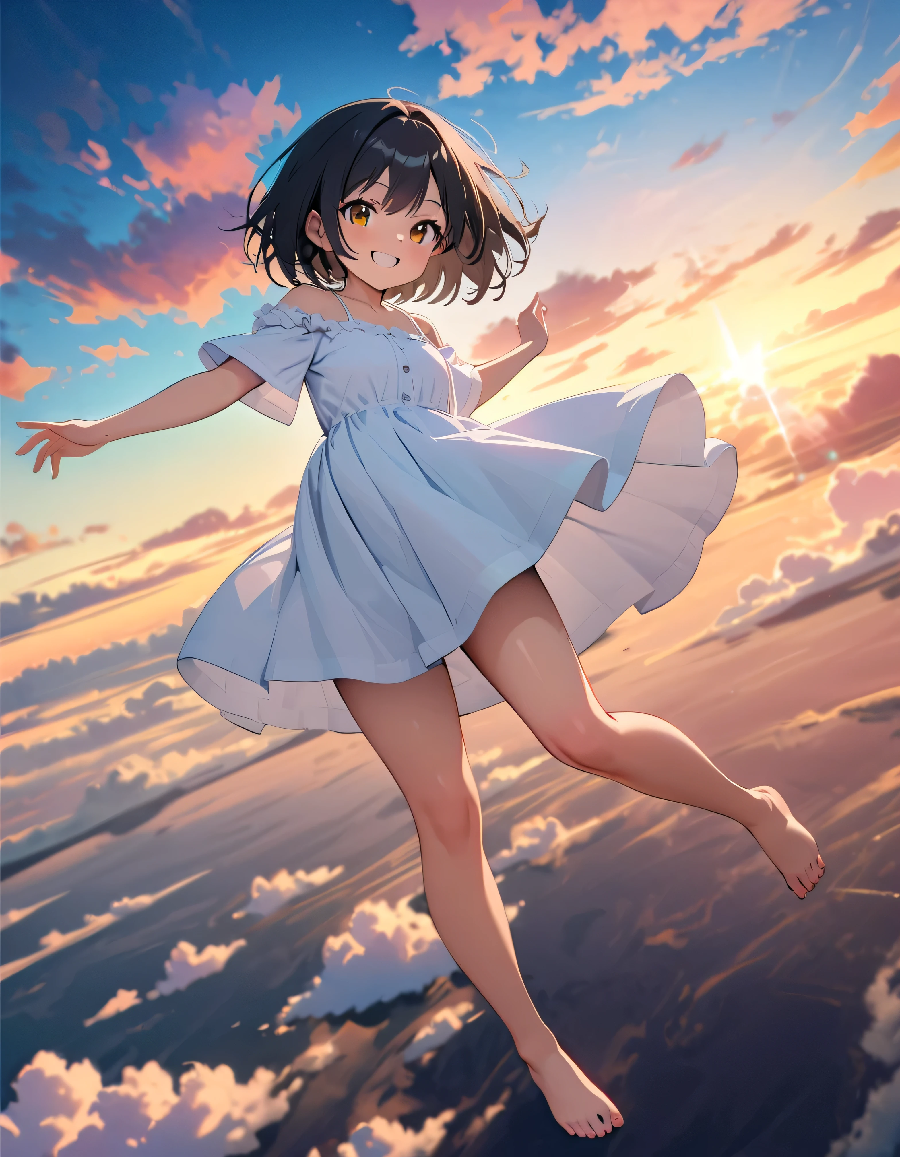 masterpiece, extra limbs, 1girl,8years old, black straight hair, tareme brown eyes, (((delighted))), white sundress,spread arms,standing, playground equipment,high angle