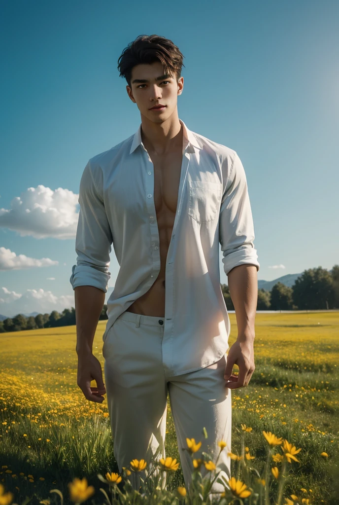 UHD, A sun-drenched meadow filled with vibrant wildflowers, where a tall, athletic man stands among the blooms. His shirt is open, revealing his strong, sculpted chest, and his relaxed, confident stance adds a striking contrast to the soft, colorful flowers. The sunlight highlights his smooth skin, blending his sensuality with the peaceful beauty of the meadow.