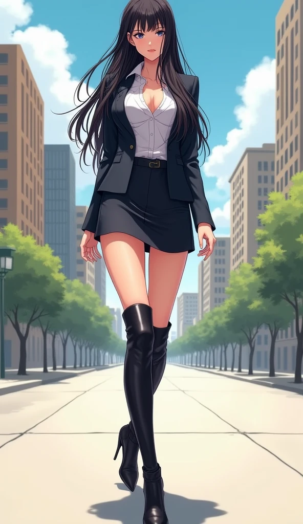 realistic anime illustration of Tifa Lockhart sitting at park, marble stairs scenery, she has black long straight hair and forehead, she wearing white short sleeve collared unbuttoned top shirt, black pencil skirt, (1girl, solo, full body), (masterpiece, best quality, japanese anime style), (expressive eyes, perfect face)