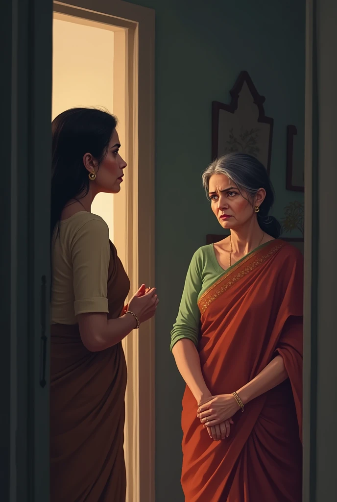 Maid talking with housewife, maid is cleaning the house floor and Housewife is standing a little distance from maid, maid has weard sari and housewife has weard blazzer, maid is a little angry