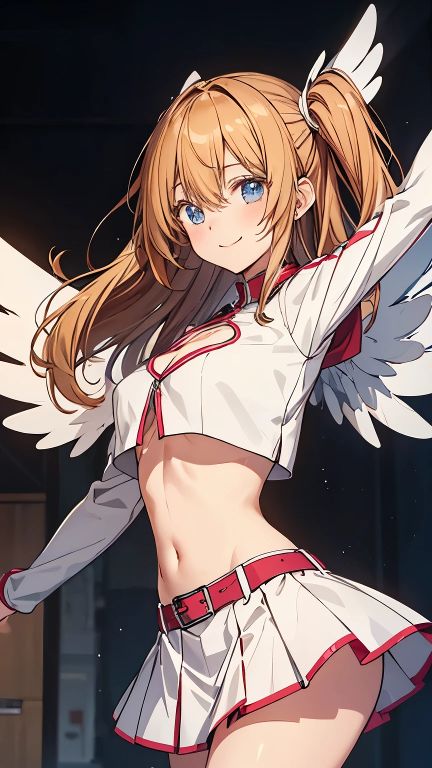 Lily,Light Brown Hair,Long Hair,Facing both sides
,Large Breasts,thin,Crop top,Cleavage cutout,(Underbust),abdomen,navel,mini skirt,Thighs,Angel Wings,smile,masterpiece,Noise Reduction,Perfect Anatomy,High resolution, super detailed super detailed face,Game CG,Dutch Angle ,Beautiful detailed eyes,Visual Arts,Five fingers, Perfect hands, Perfect lighting, Sparkling Eyes,