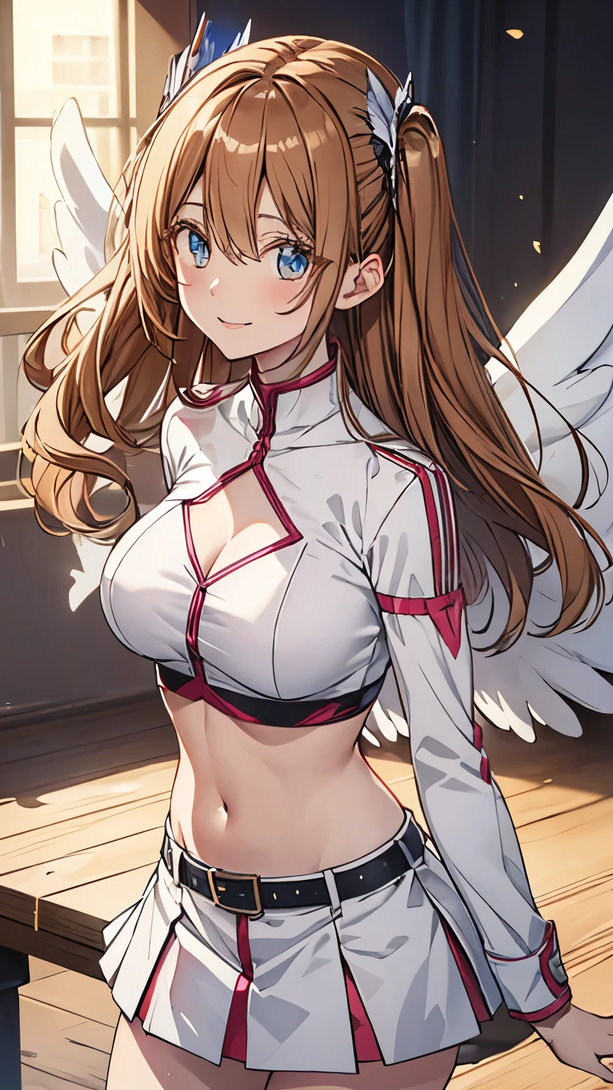 Lily,Light Brown Hair,Long Hair,Facing both sides
,Large Breasts,thin,Crop top,Cleavage cutout,(Underbust),abdomen,navel,mini skirt,Thighs,Angel Wings,smile,masterpiece,Noise Reduction,Perfect Anatomy,High resolution, super detailed super detailed face,Game CG,Dutch Angle ,Beautiful detailed eyes,Visual Arts,Five fingers, Perfect hands, Perfect lighting, Sparkling Eyes,