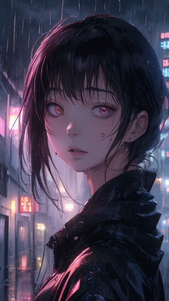 Kira de death note, THOUGHTFUL, watching the rainy skies,front view seen above the eyes view. 