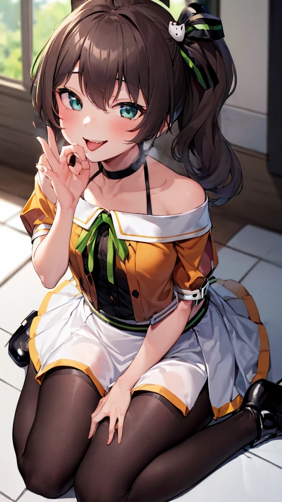  ((((Open your mouth))))、masterpiece,highest quality,High resolution,Ultra-detailed,bb Festival,meだium hair,skinny,Ahoge,Brown Hair,(((((  seductive smile ))))),skinny,Hair between the eyes,bangs,Hair Ribbon,Black Choker,Earrings,Black Ribbon,plaiだ shirt,Grey Shirt,shoulだer cutout,Short sleeve,See-through sleeves,Black Skirt,High Waist Skirt,race,(( perfect finger )) ,  shoes下,(black shoes下:1.4),race trim,shoes,Black footwear,Indoors,(Cafe:1.2),((Blowjob gestures:1.5))、open the mouth ,Sitting,Chair,heavy breathing ,