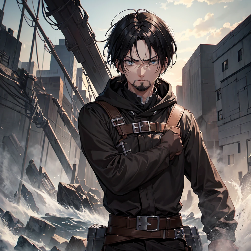 Levi Ackerman Attack on Titan Man High Resolution Black Hair, short hair, Facial hair, serious, hood, lines of movement, ImpressionismOnly, PLANO AMERICANO, 