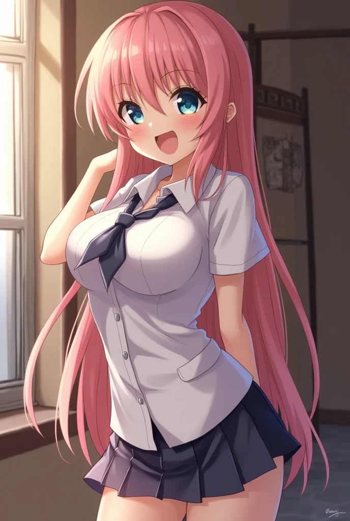 Simori,Naughty big、large full breasts、 Short skirt, Standing, Beautiful eyes, Blue eyes, Happy, School uniform, 独奏、A smile,(Skirt lift:1.3), (Blue stripes々Panties:1.3)、(Skirt that rolls up:1.3)、(Fully exposed panties:1.5)