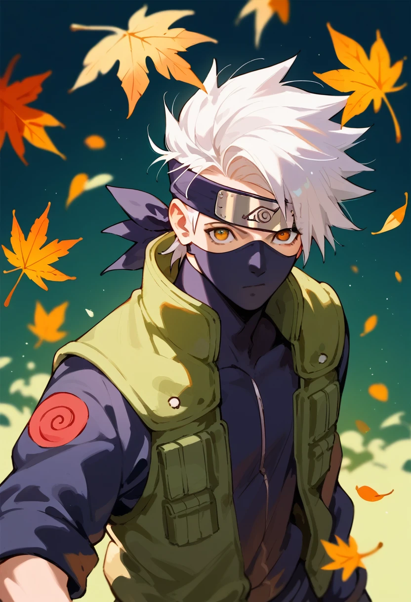 Score_9, Score_8_superior, Score_7_superior, Score_6_superior, Score_5_superior, Score_4_superior, (Anime NARUTO),  1 person ,Handsome,Angled,Sharp perspective,sight induction,Colored pencil touches,Asymmetrical performance with fluttering leaves,Kakashi Hatake,Silver Hair,Black Mask,Hand-drawn,Provocative pose