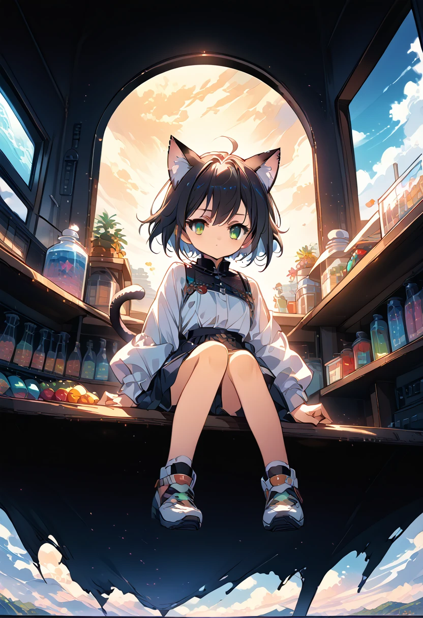 Anime girl with cat ears sitting on a shelf and looking at the sky, Anime Drawings, inspired by Makoto Shinkai, trending on pixiv, space art, Makoto Shinkai Cyril Roland, 4k anime wallpaper, Anime Art Wallpaper 8K, Anime Art Wallpaper 4k, Anime wallpaper 4k, Anime wallpaper 4k, Anime wallpaper 4k