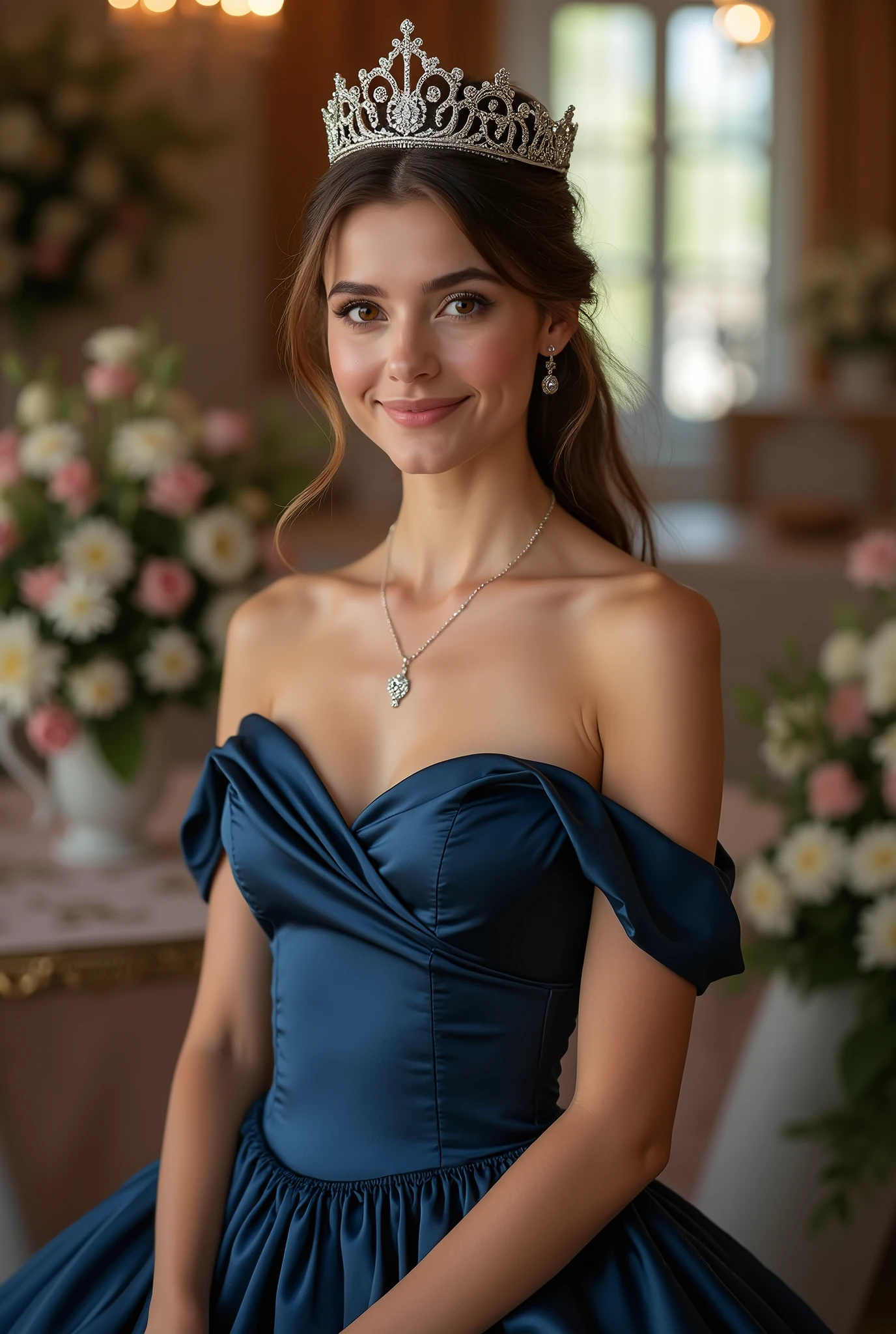 Realistic upper body portrait of one young  german brunette haired princesses aged 23, long hair, ponytail, crowne, necklace, smile. She poses in front of the camera in a darkblue shiny silk Princessgown with off shoulder straps..., Weddingparty,glamour fotoshooting, beautiful female houreglass body, celebration, perfect anatomy]]], perfect brown eyes. Perfect hands with 5 fingers on each hand, 1 suitable brunette haired princess, looking at the camera. (Eye make up:1.1), (highly detailed skin:1.1), spirit, Analog style, keen focus, 8K  UHD, dslr, good quality, Fujifilm XT3, Grain, Award-winning, ​masterpiece. Die junge Frau steht  an einem Fest und zeigt ihr wunderschönes  Seiden Kleid und Blumen. Wonderful moment of love, Portraitfoto