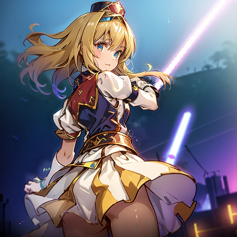 A masterpiece of the highest quality and highest resolution (1.2),With a neon-lit cityscape in the background, Fireworks explode overhead, (Long blonde hair, Summon the Force), A bright light shines from behind, Illuminating the white punk rock outfit, (Glittering costumes decorated with vinyl records), Music-themed power is scattered throughout, (The dynamic pose gives off an electric aura.), Instill fear in the hearts of bystanders, (Her unique soundwaves are emitting.), Reach out your neon blue shining hand, (Jim Lee-inspired rendering style, Super detailed),