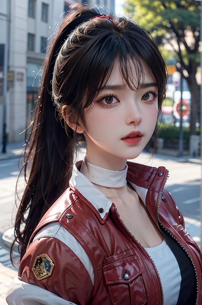 baiyuekui,solo,outdoors,city,street,portrait,
((white choker,white sleeves)),ponytail,fingerless gloves,red jacket,(blue jeans),the whole body