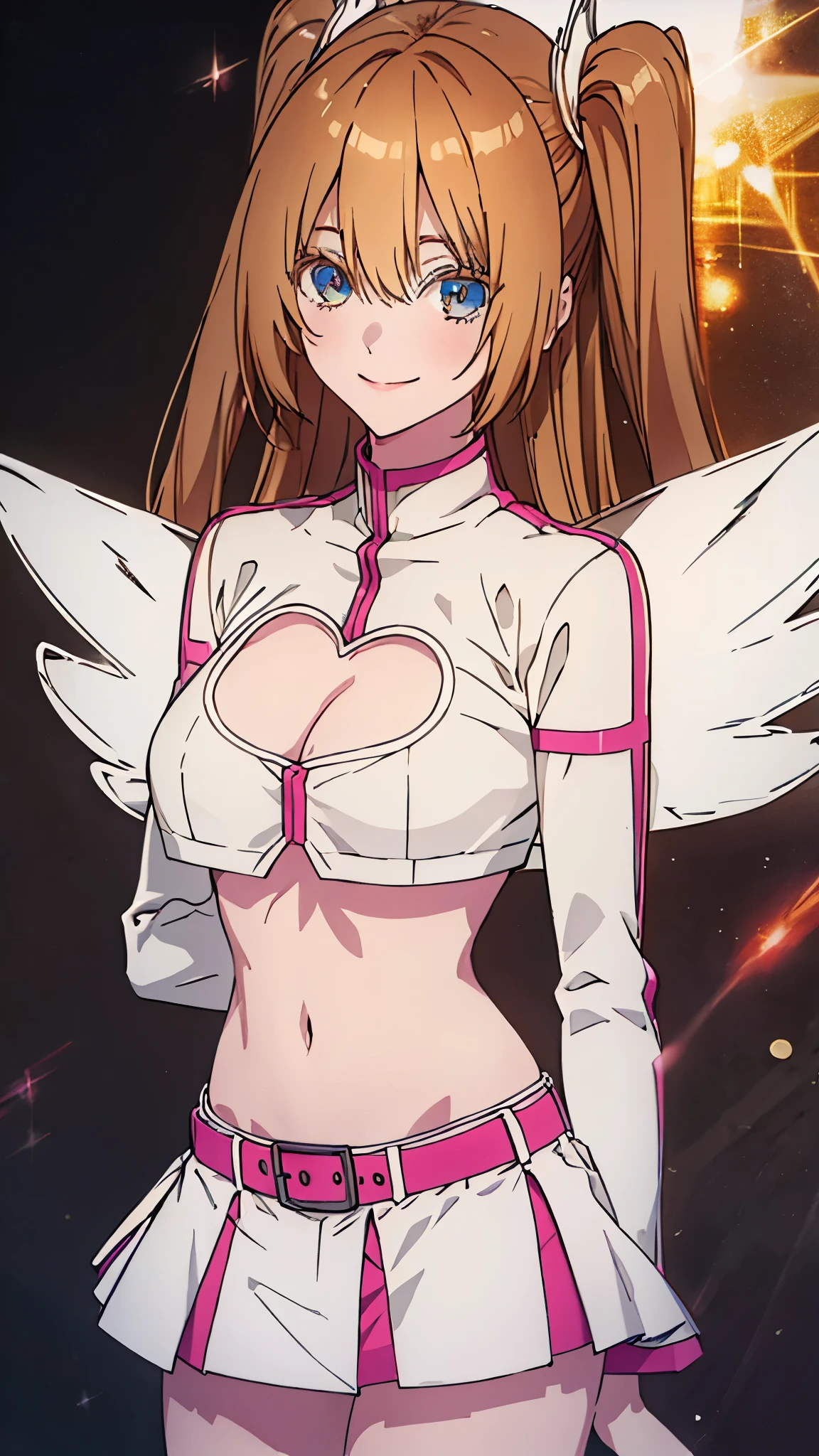 Lily,Light Brown Hair,Long Hair,Facing both sides
,Large Breasts,thin,Crop top,Cleavage cutout,(Underbust),abdomen,navel,mini skirt,Thighs,Angel Wings,smile,masterpiece,Noise Reduction,Perfect Anatomy,High resolution, super detailed super detailed face,Game CG,Dutch Angle ,Beautiful detailed eyes,Visual Arts,Five fingers, Perfect hands, Perfect lighting, Sparkling Eyes,