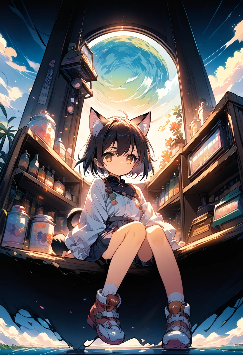 Anime girl with cat ears sitting on a shelf and looking at the sky, Anime Drawings, inspired by Makoto Shinkai, trending on pixiv, space art, Makoto Shinkai Cyril Roland, 4k anime wallpaper, Anime Art Wallpaper 8K, Anime Art Wallpaper 4k, Anime wallpaper 4k, Anime wallpaper 4k, Anime wallpaper 4k