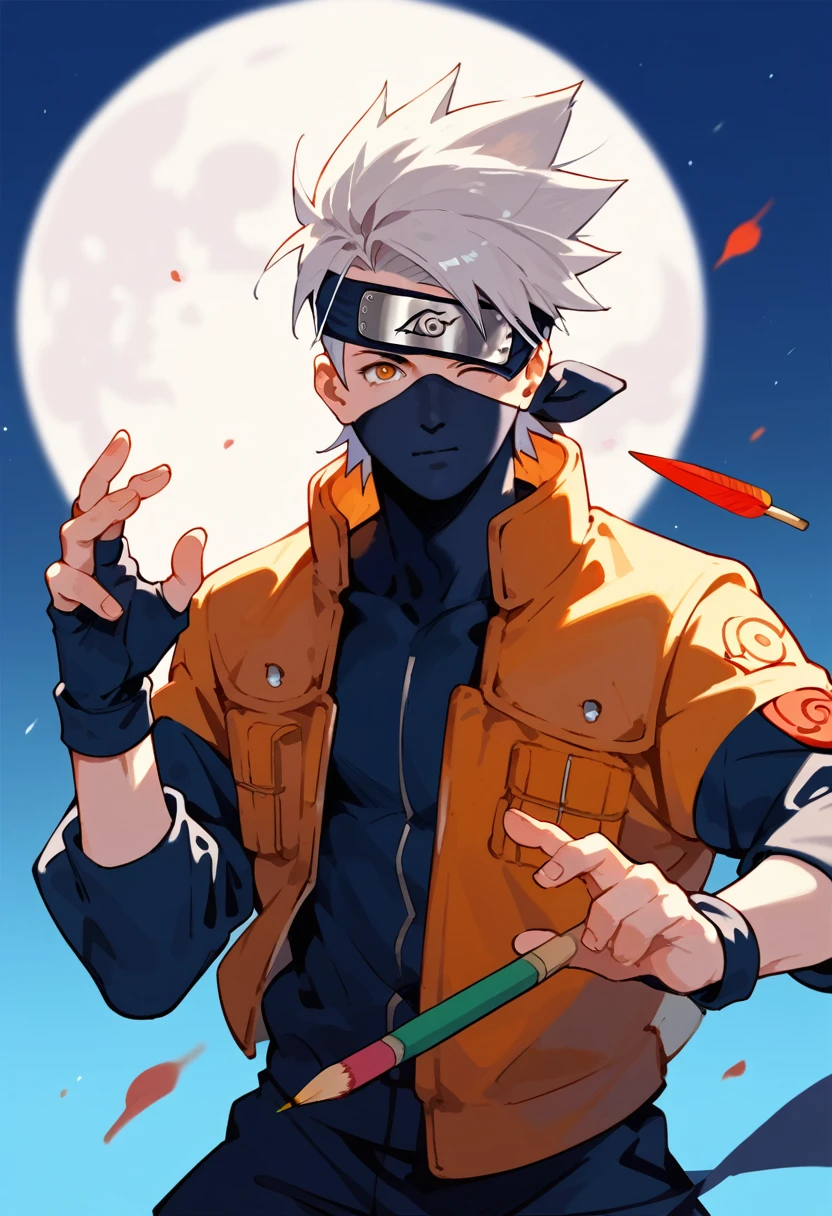 Score_9, Score_8_superior, Score_7_superior, Score_6_superior, Score_5_superior, Score_4_superior, (Anime NARUTO),  1 person ,Handsome,Angled,Sharp perspective,sight induction,Colored pencil touches,Parkour, Asymmetrical Presentation, Kakashi Hatake,Silver Hair,Black Mask,Hand-drawn,Provocative pose, Ninja, moon